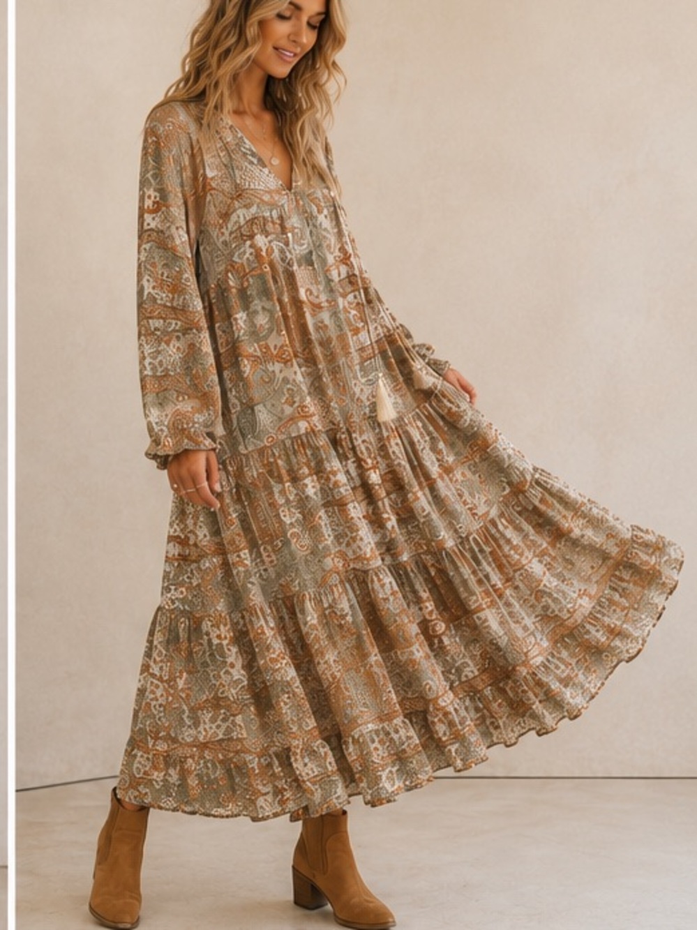 Sweet Lemon Boho Paisley Tiered Maxi Midi Dress Size Small NWT